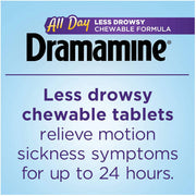 Dramamine All Day Less Drowsy Tablets Chewable Formula Banner Relives Motion Sickness Symptoms For Up To 24 Hours.