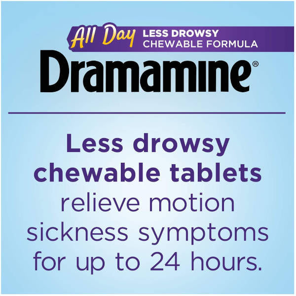 Dramamine All Day Less Drowsy Tablets Chewable Formula Banner Relives Motion Sickness Symptoms For Up To 24 Hours.