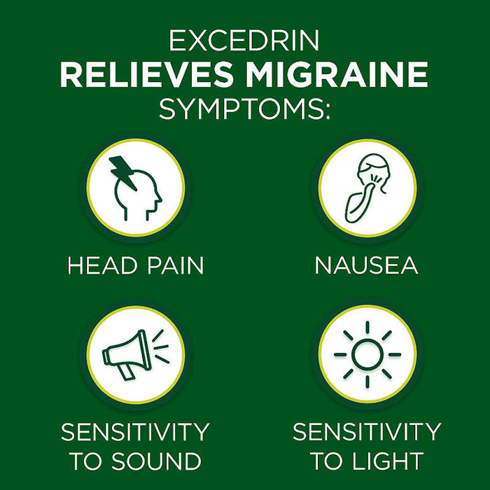 Excedrin Migraine Caplets Banner, Showing symptoms that are relived by the product. Including - Head Pain, Nausea, Sensitivity To Sound And Light.