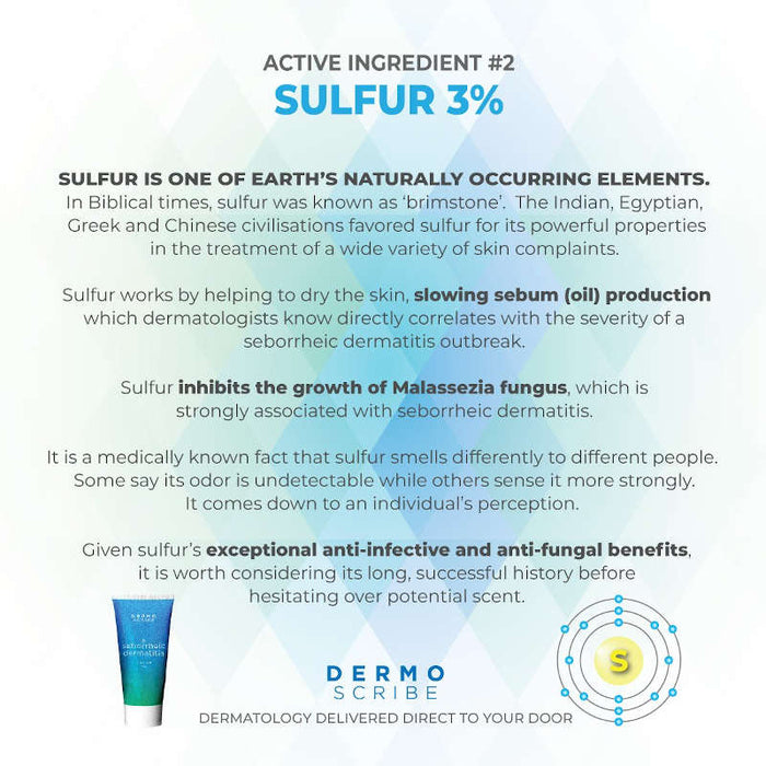 Dermoscribe Seborrheic Dermatitis Cream 2 oz banner, highlighting one of the key ingredients and its benefits (Sulphur 3%)