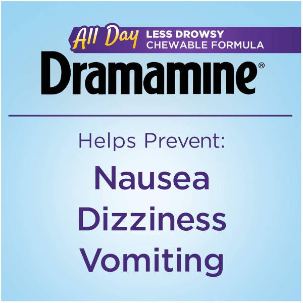 Dramamine All Day Less Drowsy Tablets Chewable Formula Banner Helps T o Prevent Nausea, Dizziness And Vomiting.