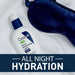 CeraVe PM Evening Facial Moisturising Lotion 3 oz bottle on a bed, alongside an eye sleep mask with the solgan all night hydreation