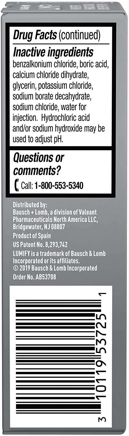 Lumify Eye Drops UK Redness Reliver Eye Drops 7.5ml ingredients list on side of outer packaging