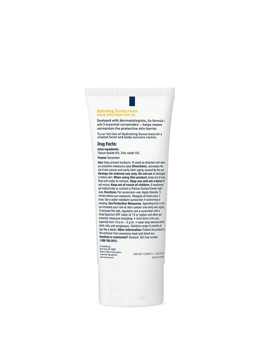 CeraVe Hydrating Face Sunscreen SPF 30 usage instructions on revers of bottle