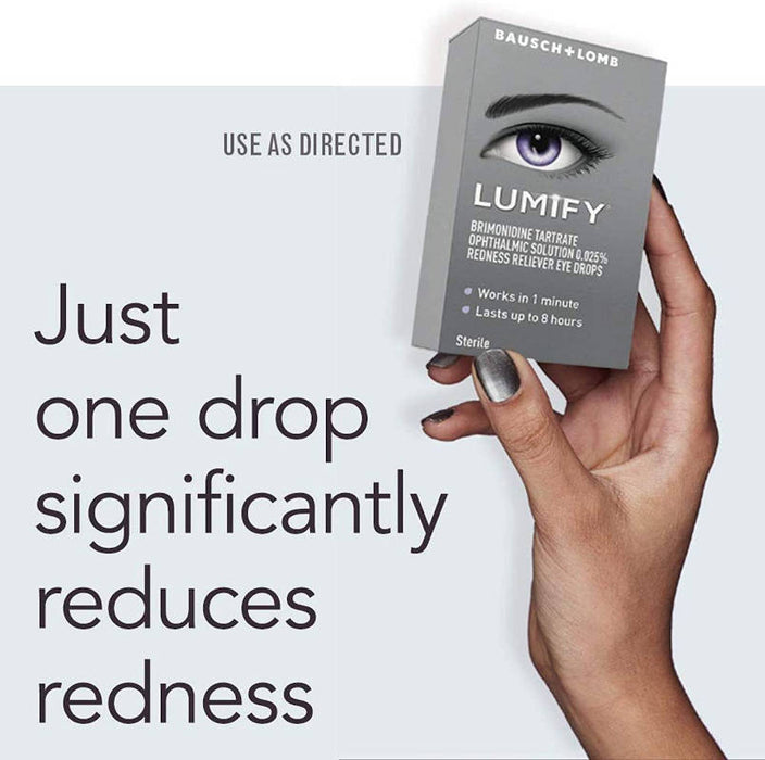Lumify Eye Drops UK Redness Reliver Eye Drops Banner showing a hand holding a single box of Lumify Eye Drops with the slogan Just one drop significantly reduces redness