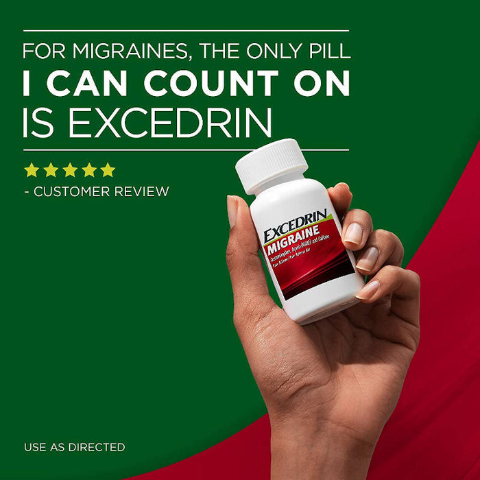 Excedrin Migraine Caplets Banner, showing a hand holding the inner product bottle