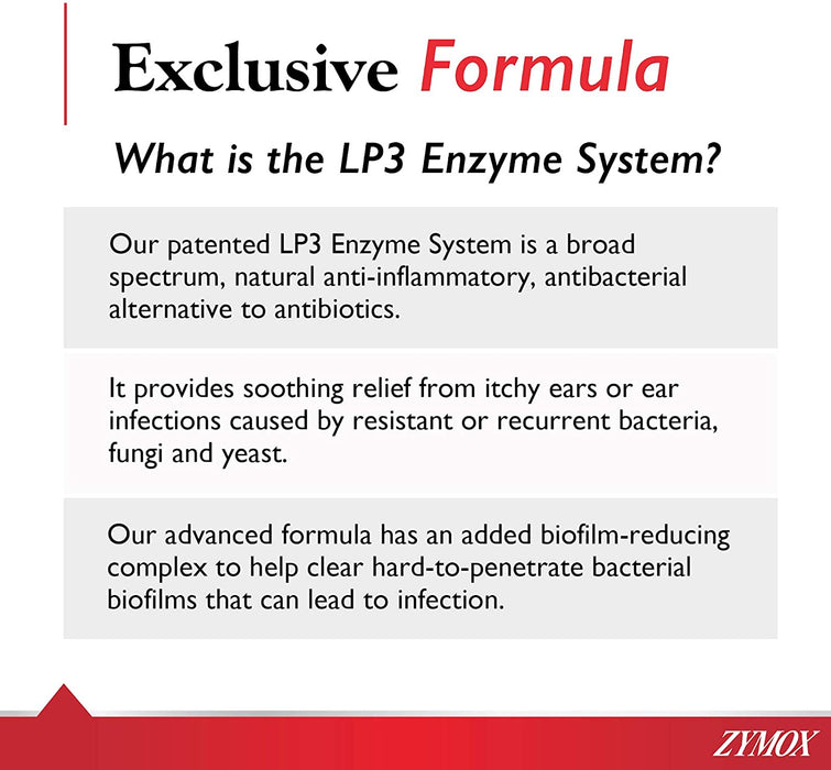 Zymox  Topical Spray with Hydrocortisone 1.0% exclusive formula banner explaining what the LP3 Enzyme System is