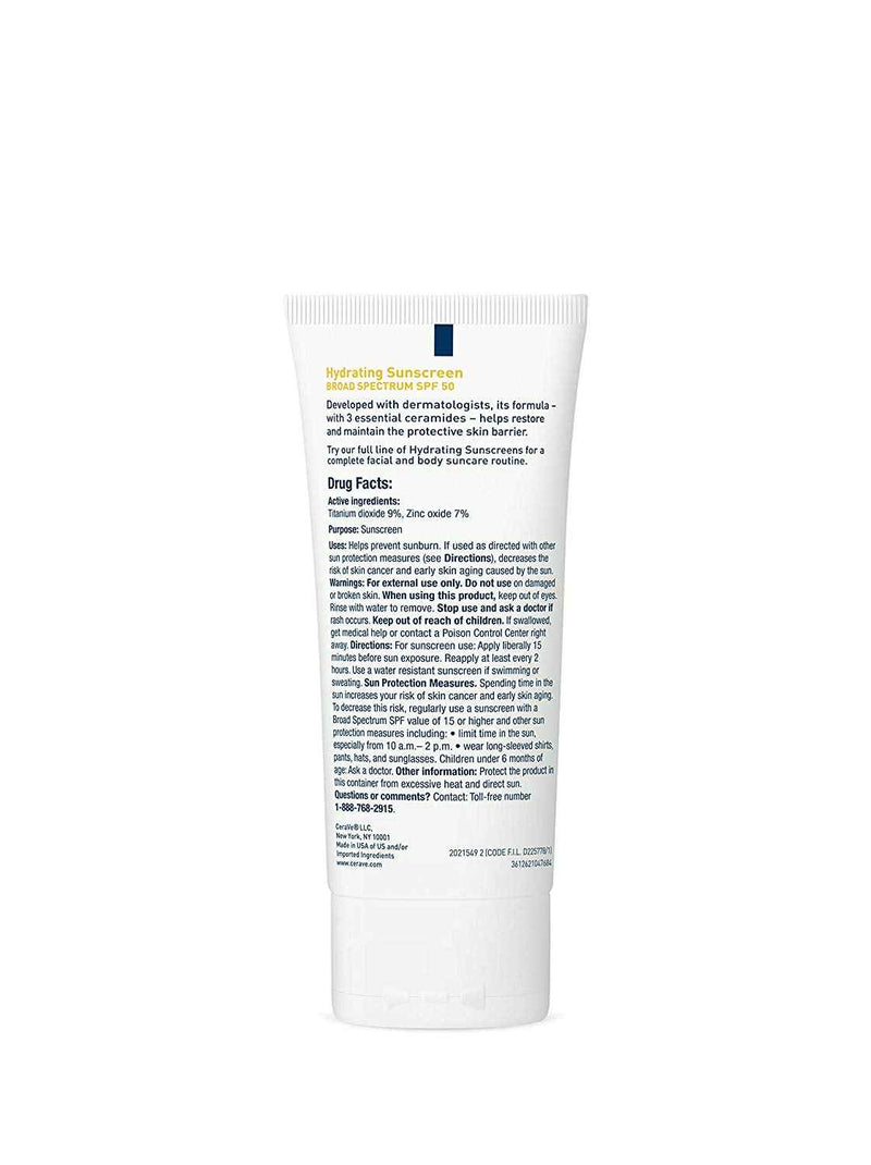 CeraVe Hydrating Face Sunscreen SPF 50, Lightweight Mineral Sunscreen, 2.5 Fl Oz