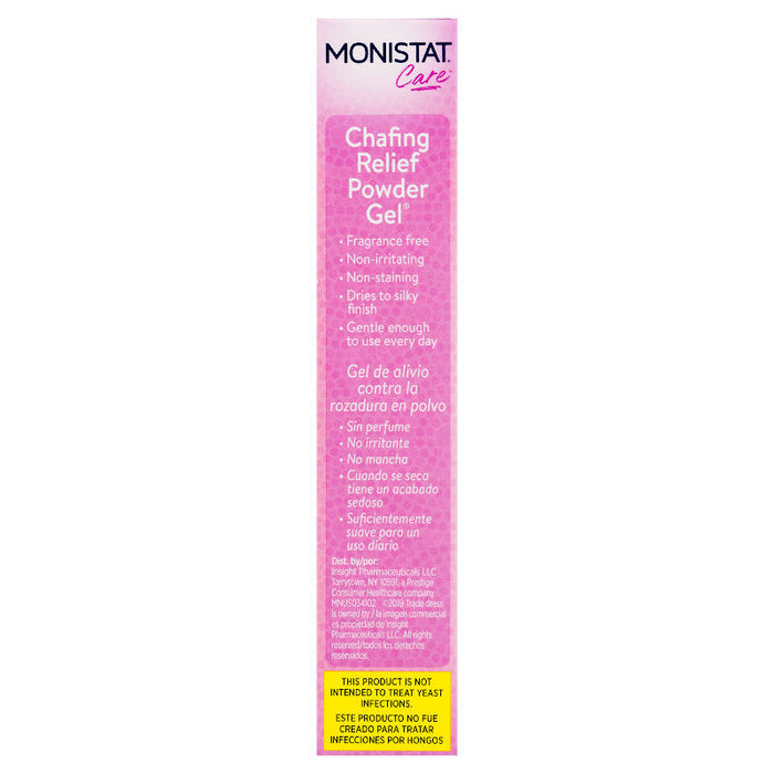 Monistat Complete Care Chafing Relief Powder Gel, 1.5 oz image of the side of the product packaging, highlighting product benefits