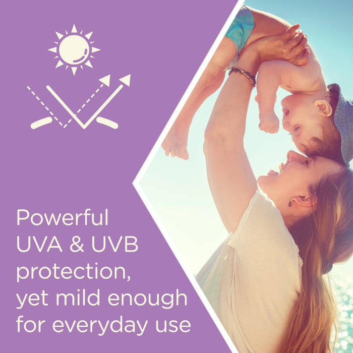 Aveeno Baby Continuous Protection Zinc Oxide Mineral Sunscreen Banner that reads - Powerful UVA & UVB Protection.