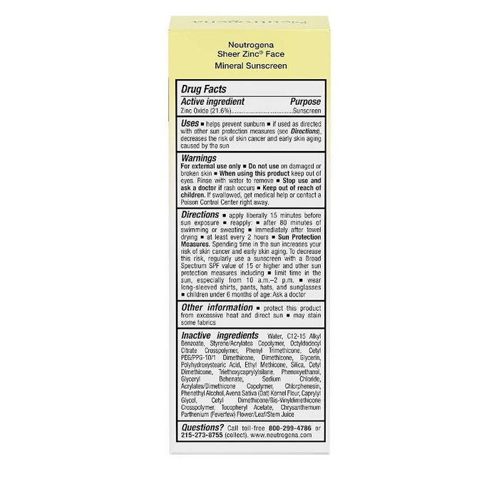 Neutrogena Sheer Zinc Oxide Dry-Touch Face Sunscreen usage instructions on reverse of product packaging