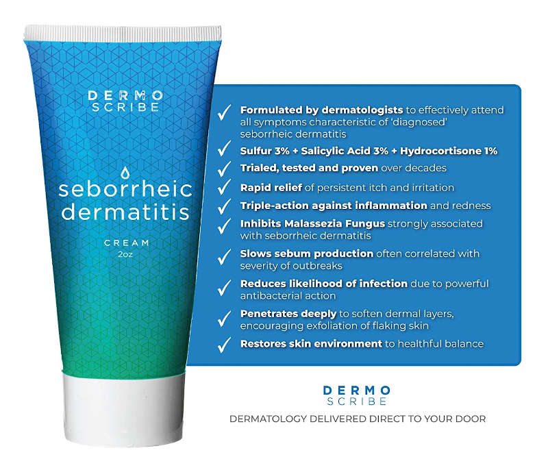 Dermoscribe Seborrheic Dermatitis Cream 2 oz banner showing tube of cream and listing key benefits of product