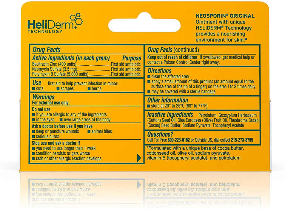 Neosporin Original First Aid Antibiotic Ointment usage instructions pictured on reverse of outer packaging