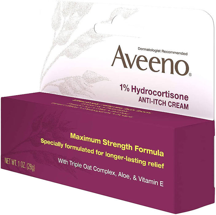 Aveeno Maximum Strength 1% Hydrocortisone Anti-Itch Cream image of outer packaging taken from angle
