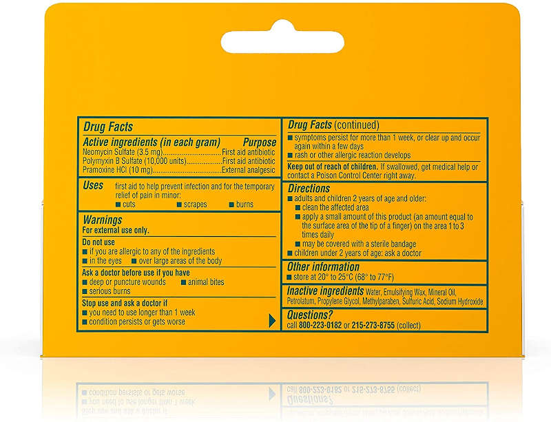 Neosporin + Pain Relief Dual Action Cream, 1 Oz usage instructions on reverse of outer packaging