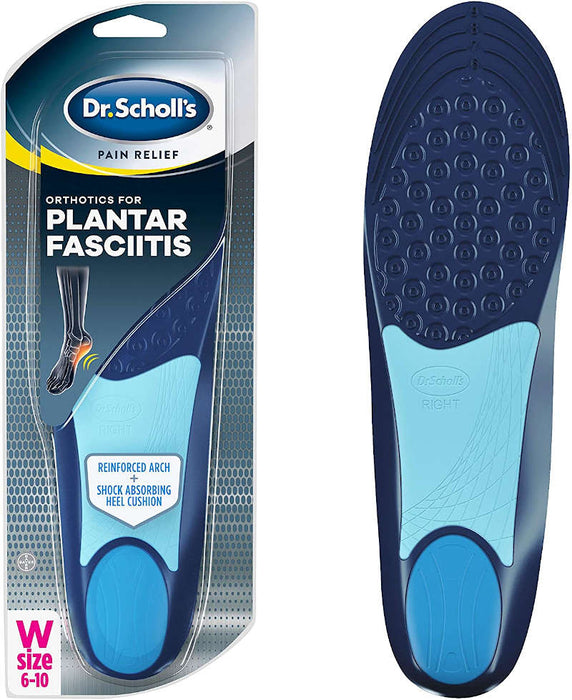 Dr. Scholl's Pain Relief Orthotics Insloes For Plantar Fasciitis -  Women, Product image of shoe insert next to outer packaging