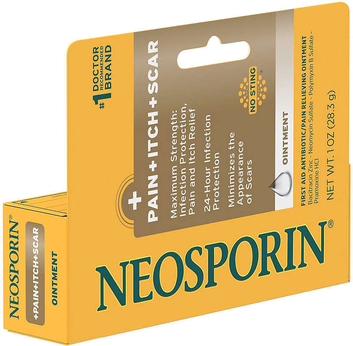 Neosporin Pain Itch Scar Antibiotic Ointment 1 Oz Outer Packaging In Front Of White Background.