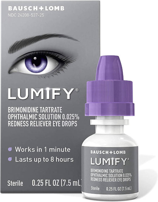 Lumify Eye Drops UK Redness Reliver Eye Drops 7.5ml product bottle next to outer packaging, in front of white background