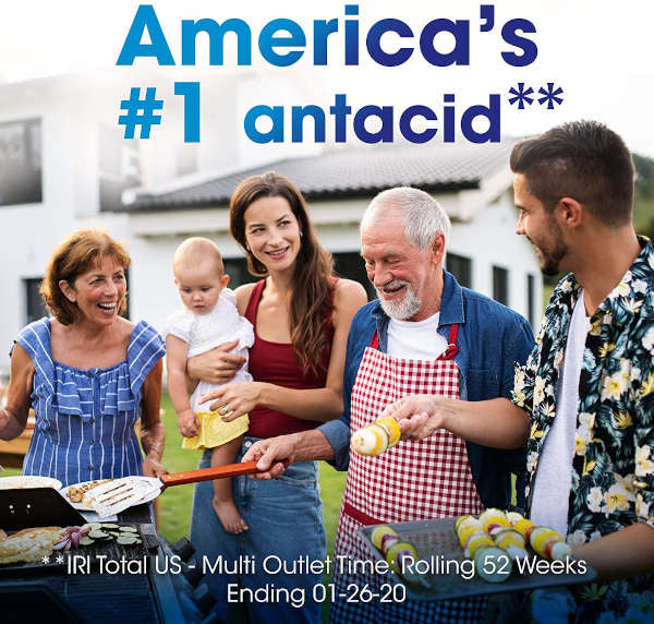 Tums Antacid Ultra Strength 1000 Chewable Tablets Banner showing a family enjoying a mean without the worry of Heartburn symptoms