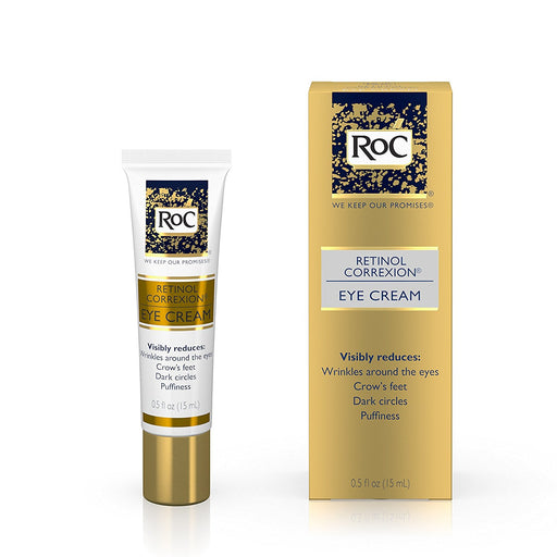 RoC Retinol Correxion Anti-Aging Eye Cream 0.5 fl oz bottle next to outer packaging, in front of white background