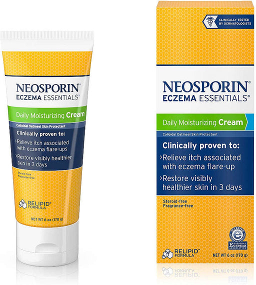 Neosporin Eczema Essentials Daily Moisturizing Cream, 6 oz bottle alongside outer packaging