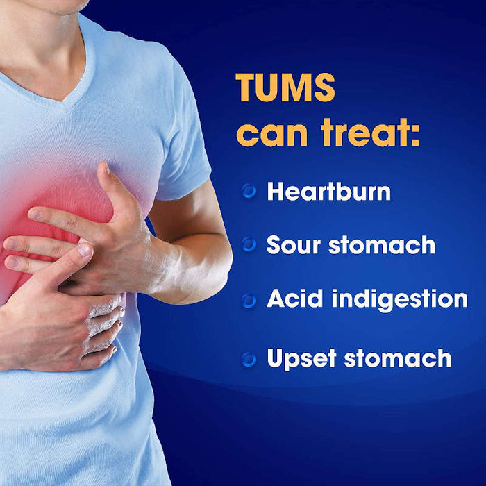Tums Antacid Ultra Strength 1000 Chewable Tablets Banner listing a number of symptoms that the product treats. These include Heartburn, Sour Stomach, Acid Indigestion & Upset Stomach