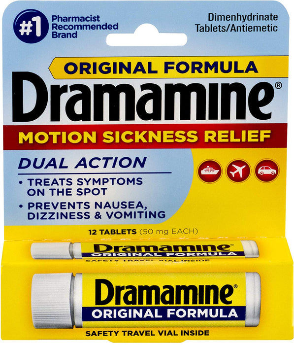 Dramamine Motion Sickness Relief Orignal  Formula Tablets 12, outer packaging in front of white background