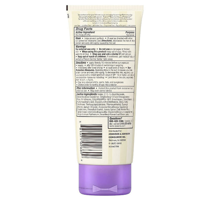 Aveeno Baby Continuous Protection Zinc Oxide Mineral Sunscreen 7 Oz Usage Instructions On Reverse Of Product Packaging.
