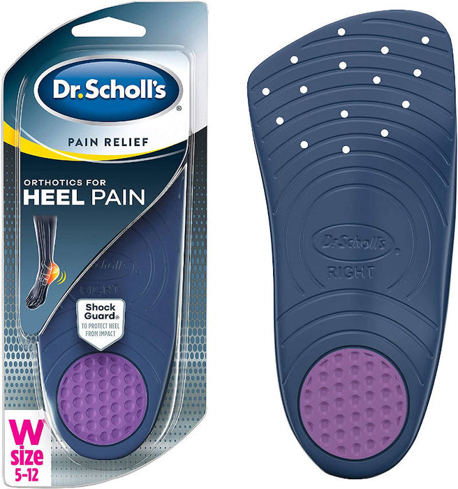 Dr. Scholl's Pain Relief Insoles Orthotics For Heel Pain & Plantar Fasciitis for women insole placed next to outer packaging