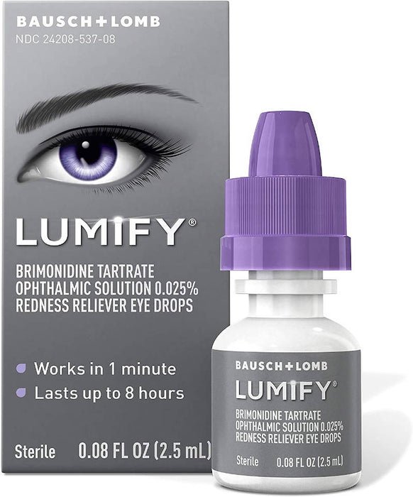 Lumify Eye Drops UK Redness Reliver Eye Drops 2.5ml product bottle next to outer packaging, in front of white background