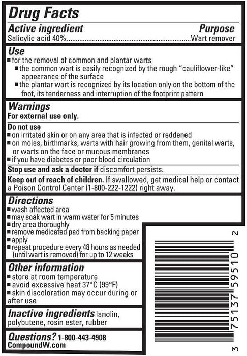 Compound W One Step Wart Remover Pads usage instructions on reverse of product packaging.