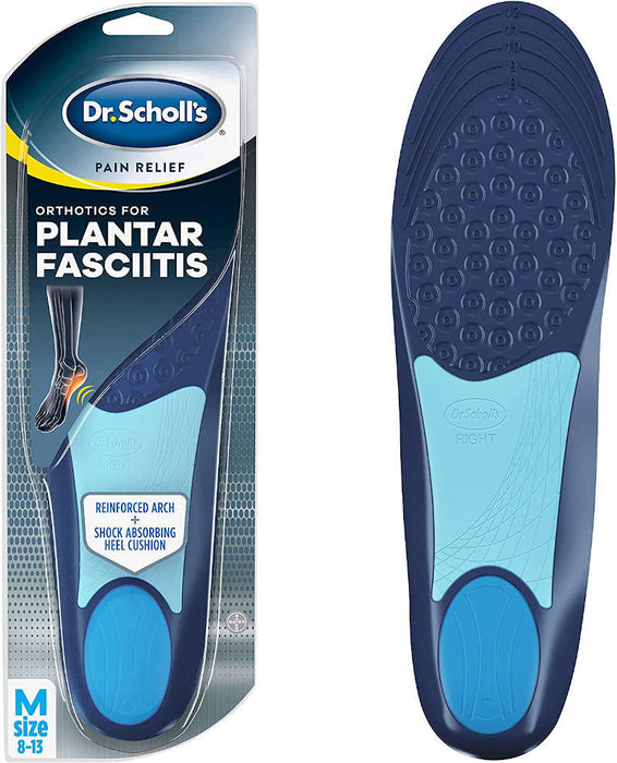 Dr. Scholl's Pain Relief Orthotics Insloes For Plantar Fasciitis -  Men, Product image of shoe insert next to outer packaging
