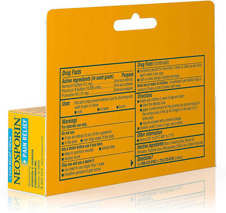 Neosporin + Pain Relief Dual Action Cream, 1 Oz reverse outer packaging image