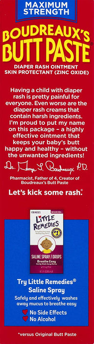 Boudreaux's Butt Paste Diaper Rash Ointment, Maximum Strength, 4 oz instruction on reverse of outer packaging