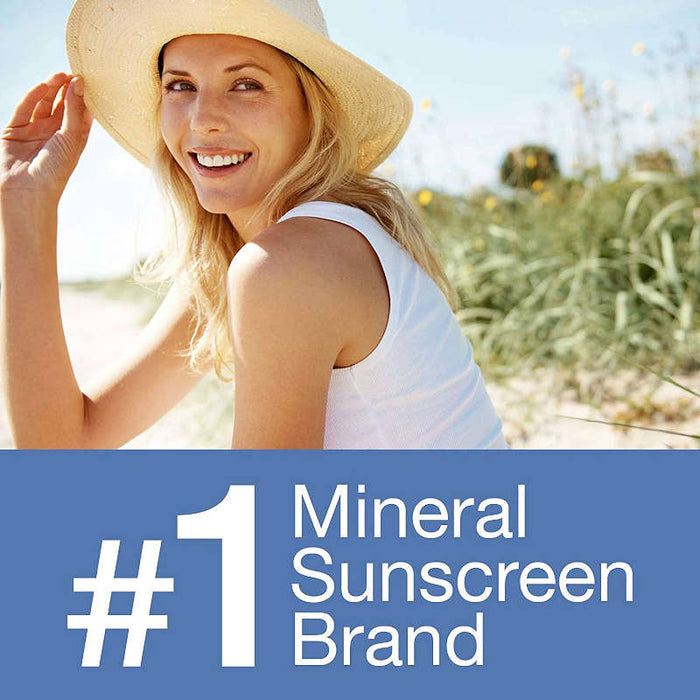 Neutrogena Sheer Zinc Oxide Dry-Touch Face Sunscreen banner with woman sitting in the sun, smiling with the solgan #1 Mineral Sunscreen Brand