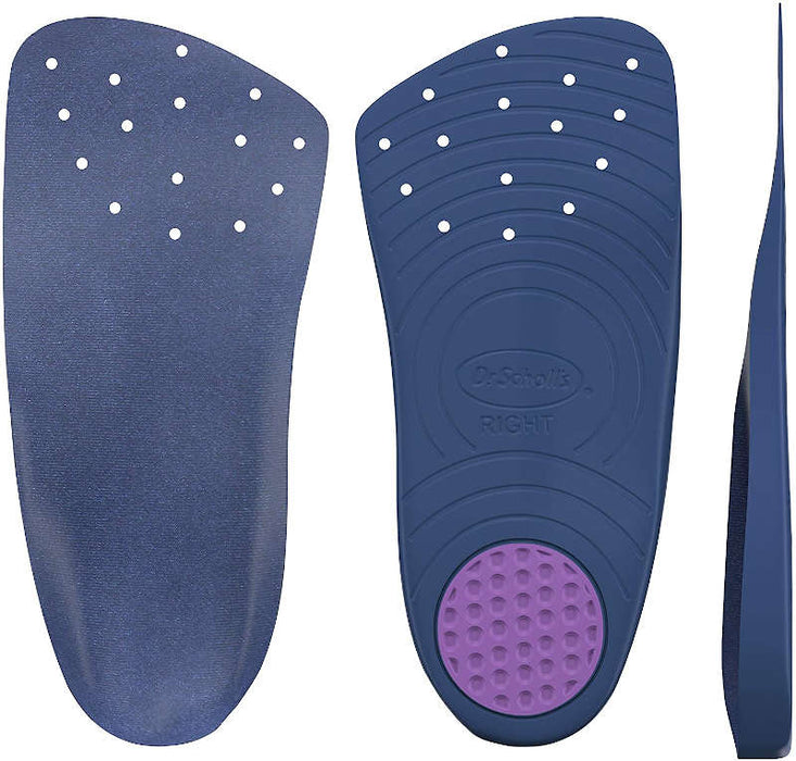 Image of a pair of Dr. Scholl's Pain Relief Insoles Orthotics For Heel Pain & Plantar Fasciitis showing the top and underneath of the product 