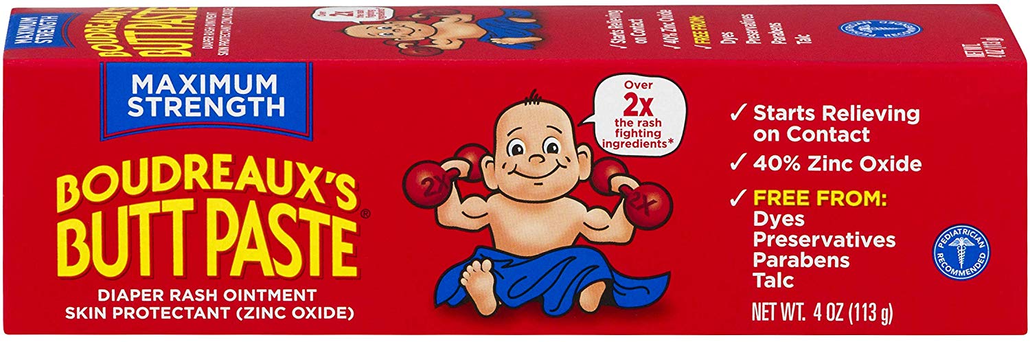 Boudreaux's Butt Paste Diaper Rash Ointment, Maximum Strength, 4 oz close up image of outer packaging