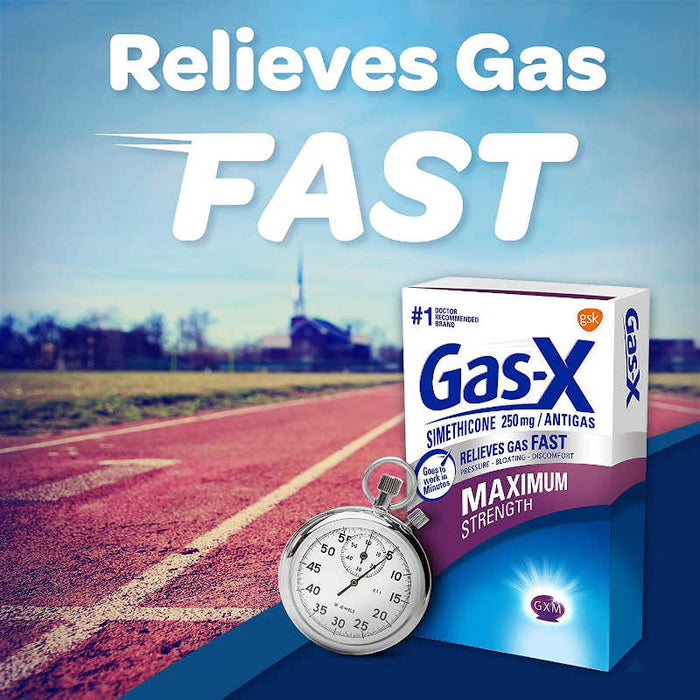 Gas-X Maximum Strength 30 SoftGels Banner Showing Product Packaging In Front Of A Running Track. Slogan Reads - Relieves Gas Fast.