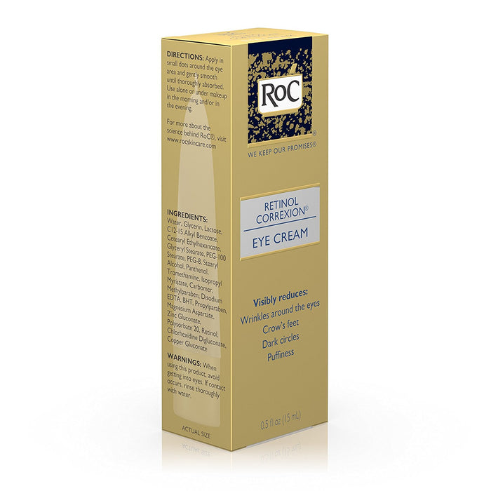 RoC Retinol Correxion Anti-Aging Eye Cream 0.5 fl oz front-side view of outer packaging, in front of white backdrop