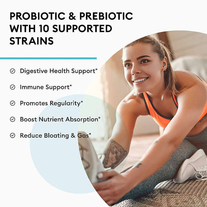 Physician's Choice Probiotics 60 Billion CFU 30 Capsules Banner Showing  A Woman Stretching Her Leg. Slogan Reads Probiotic & Prebiotic Blend.
