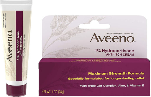 Aveeno Maximum Strength 1% Hydrocortisone Anti-Itch Cream tube next to product outer packaging