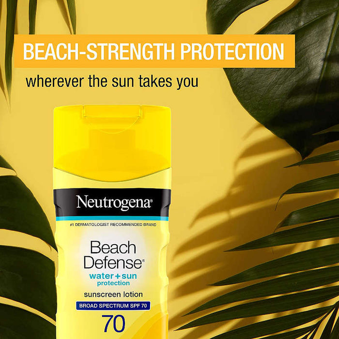 Neutrogena Beach Defense Sunscreen Lotion SPF 70 Banner that Reads Beach-Strength Protection.