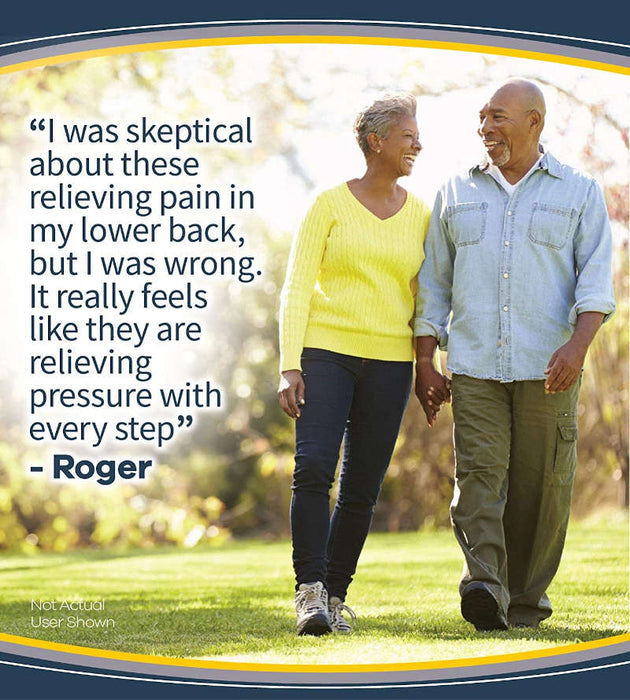 Dr. Scholl's Pain Relief  Orthotics For Lower Back Pain - Mature couple walking freely whist smiling. Texts reads " I was skeptical about these working but I was wrong.