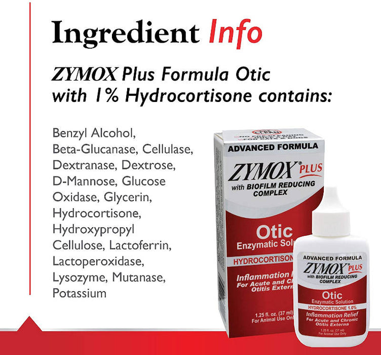 Zymox Plus Advanced Formula 1% Hydrocortisone Otic Dog & Cat Ear Solution, 1.25 oz ingredients list banner