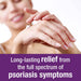 MG217 Psoriasis Multi-Symptom Moisturizing Cream 3.5 Fl Oz banner showing woman's hands that reads - Long Lasting Relief.