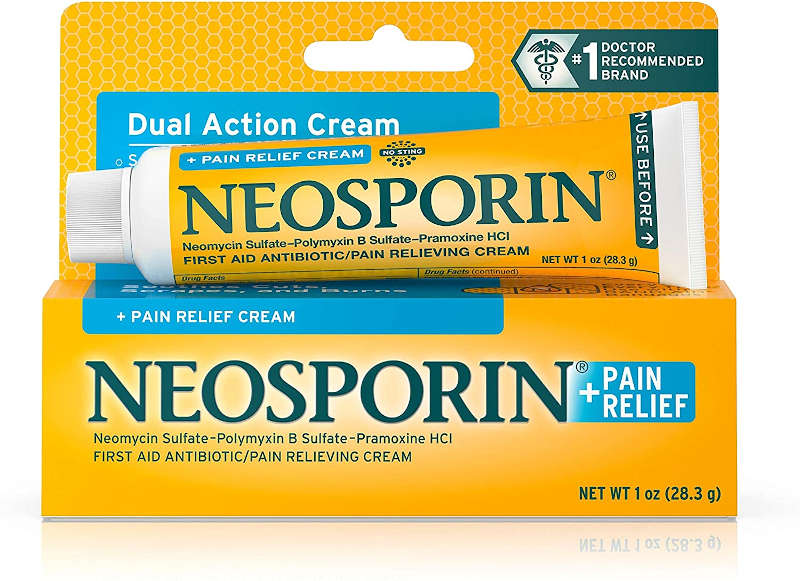 Neosporin + Pain Relief Dual Action Cream, 1 Oz tube of cream that has been placed on top of outer packaging