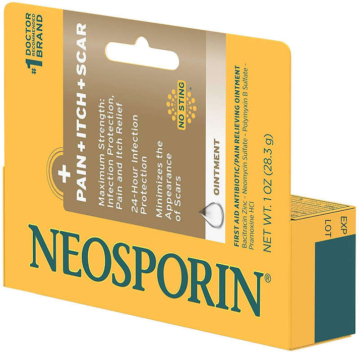 Neosporin Pain Itch Scar Antibiotic Ointment 1 Oz Product Box In Front Of White Background.