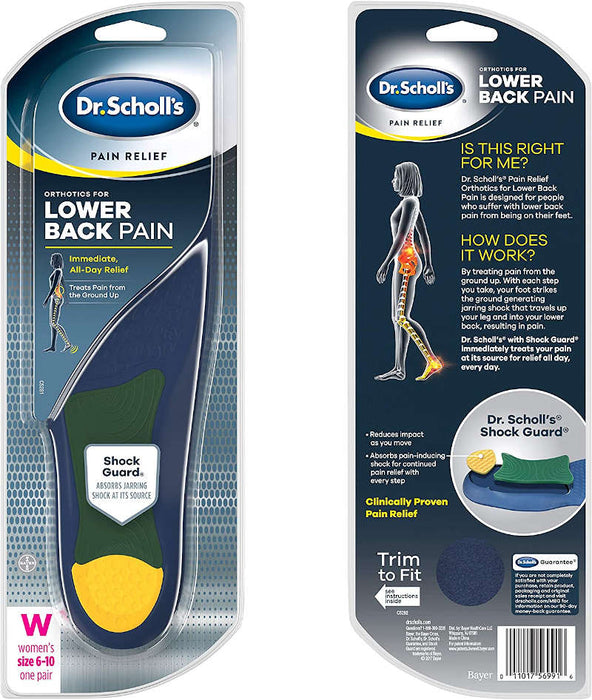 Dr. Scholl's Pain Relief  Orthotics For Lower Back Pain - Women - Front and back of product packaging
