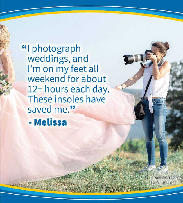 DR. Scholl's Comfort & Energy Work  Advanced Insoles banner showing a photographer taking wedding pictures with quotes stating " I'm on my feet 12 hour a day & these insoles have saved me".