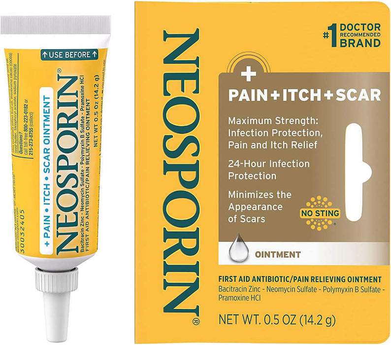 Neosporin Pain Itch Scar Antibiotic Ointment 0.5 Oz Outer Packaging And Inner Product Tube In Front Of White Background.